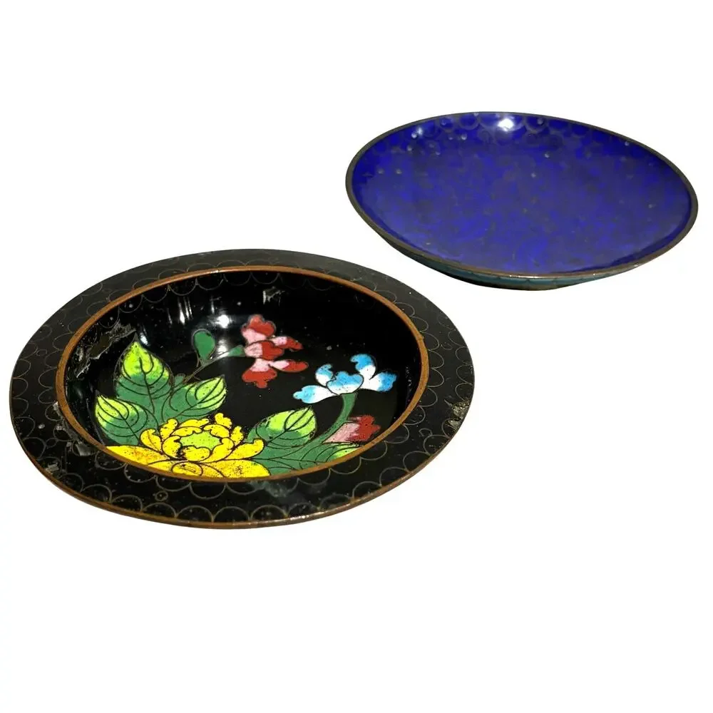 Two small enamel on brass Cloisonne mini plates Asian motif vintage decorative